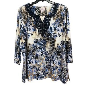 Allison Daley Shirt Womens 3X Blue Floral Print Crochet Neck 3/4 Sleeve Top Plus